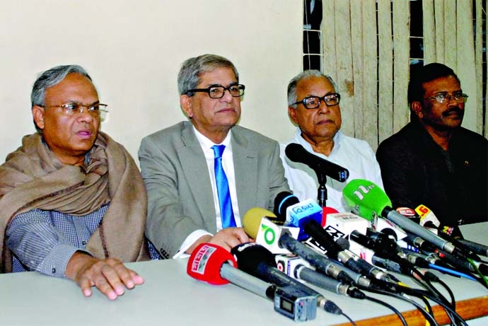 BNP Acting Secretary General Mirza Fakhrul Islam Alamgir speaking at a press conference at the party central office in the city's Nayapalton on Monday in protest against government's conspiracy centering audiovisual message of Al-Qaeda chief Ayman-al-Za