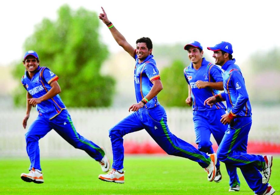 Afghanistan Under-19's Abdullah Adil celebrates the victory against Australia in Under-19 World Cup at Abu Dhabi on Monday.