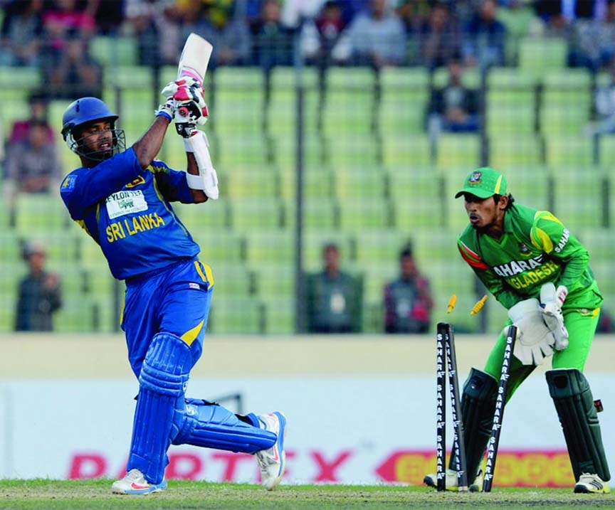 Sachithra Senanayake is bowled during the 1st ODI between Bangladesh and Sri Lanka at Mirpur on Monday.