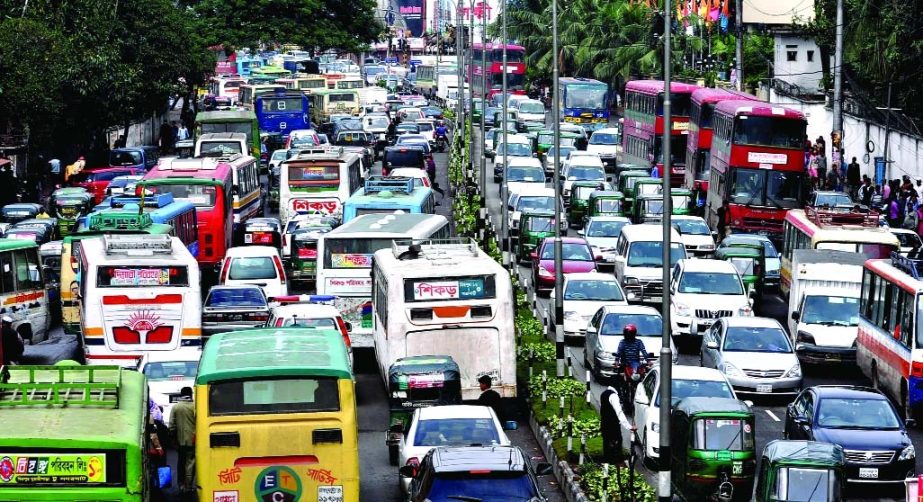 City commuters experienced severe traffic gridlock on Monday. This photo was taken from Shahbagh area.