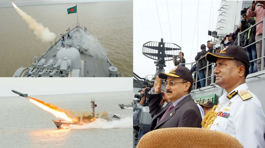 Maj General (Retd) Tarique Ahmed Siddique, Security Adviser to the Prime Minister and Chief of Bangladesh Navy Vice Admiral M Farid Habib watching annual final round exercise of Bangladesh Navy in the deep sea on Monday.