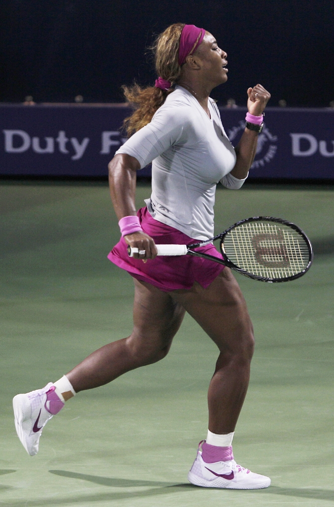 Serena Williams of the US reacts after winning a point against Ekaterina Makarova of Russia during the second round of the Dubai Duty Free Tennis Championships in Dubai, United Arab Emirates on Tuesday.