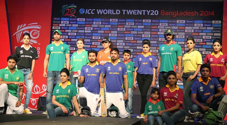 The participants of the fashion show marking the forthcoming ICC World Twenty20 2014 Bangladesh pose for photographs at the Winter Garden in Hotel Ruposhi Bangla on Wednesday.