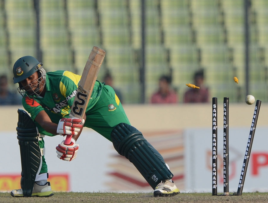 Sohag Gazi is bowled during the 3rd ODI between Bangladesh and Sri Lanka at the Sher-e-Bangla National Cricket Stadium in Mirpur on Saturday.
