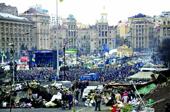 Protesters gather in the Independence Square in central Kiev, Ukraine on Saturday.