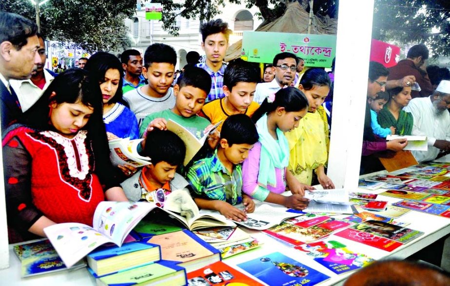 Visitors of all ages throng the Bangla Academy as new books landing the Ekushey Boi Mela every day. This photo was taken on Sunday.