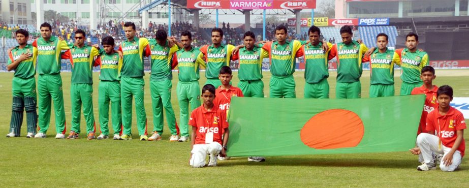 Players of Bangladesh National Cricket team rendering national anthem before starting the match against India at the Khan Shaheb Osman Ali Stadium in Fatullah on Wednesday.