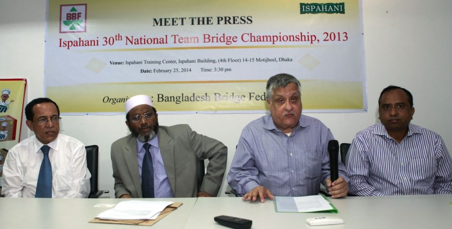 Chairman of MM Ispahani Limited Mirza Ali Behrouze Ispahani speaking at a press conference at the Engineers Recreation Centre in Ramna on Tuesday. General Secretary of Bangladesh Bridge Federation Mesbahur Rahman was present at the conference. The 30th MM