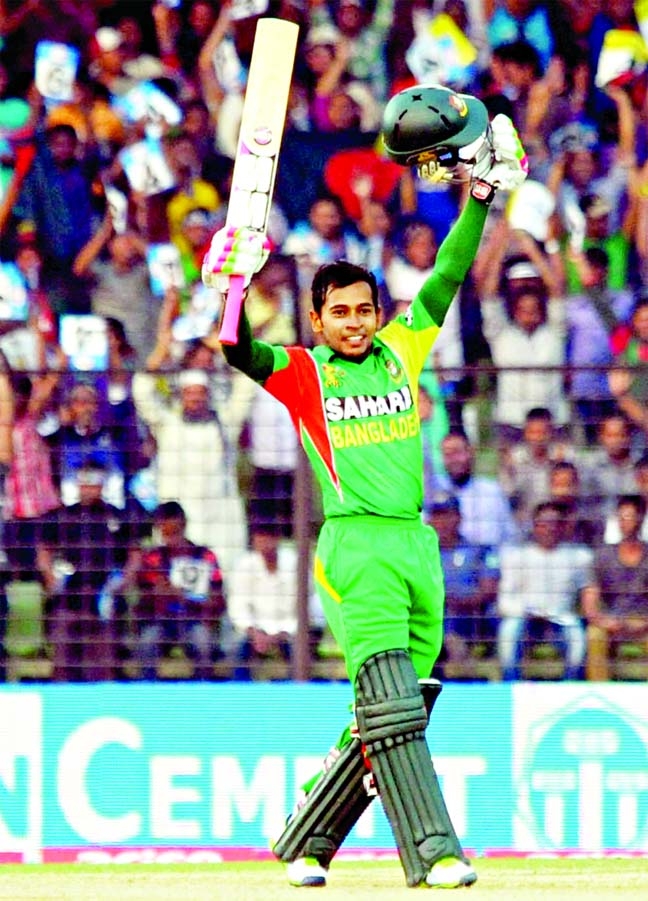Mushfiqur Rahim of Bangladesh celebrates after scoring a century against India during their ODI match of the Asia Cup at the Khan Shaheb Osman Ali Stadium in Fatullah on Wednesday.
