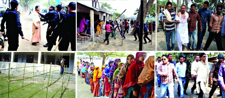 (1) One person being roughed up by RAB man in Jhenidah polling center; (2) Clashes at Munshiganj polling center; (3) A BNP candidate was injured in clashes during polls; (4) Empty scenario at Bandarban polling center; (5) Long queue of women voters at C'