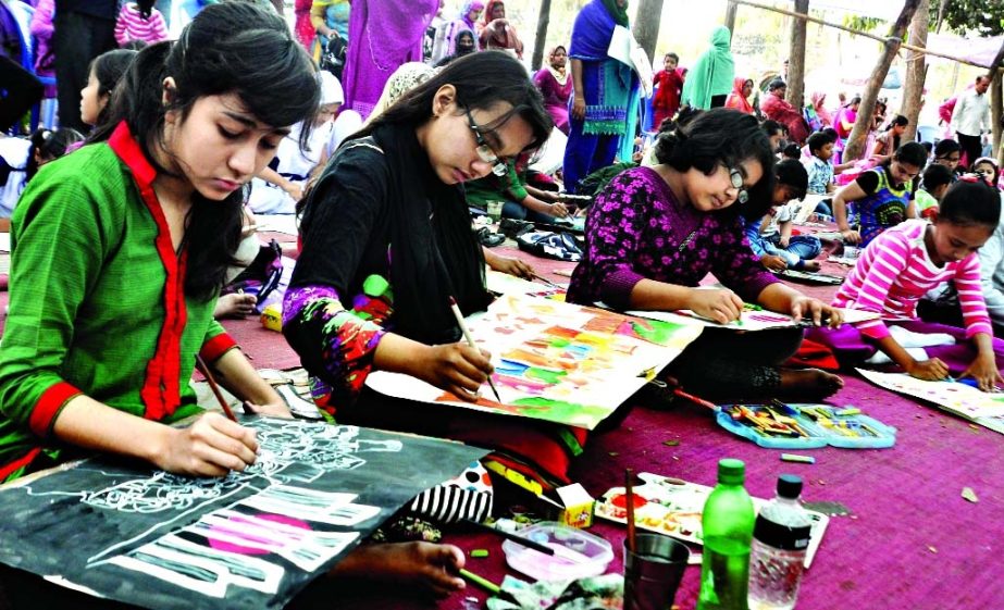 Children participating painting competition organised by Mainea Shishu Kishore Mela in the sidelines of International Mother Language Day held at city's TSC campus on Friday.