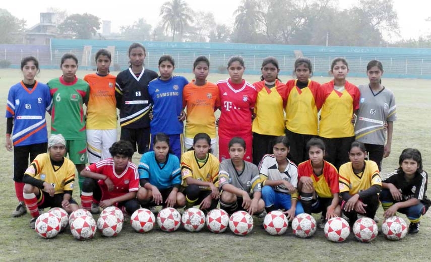 The participants of the Plan Under-15 Girls' Championship pose for a photo session at the Rajshahi Stadium on Saturday.