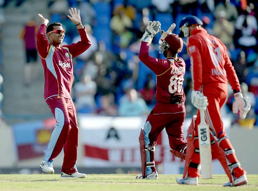 Sunil Narine of West Indies dismissed Joe Root in the first ODI between West Indies and England in North Sound on Friday.