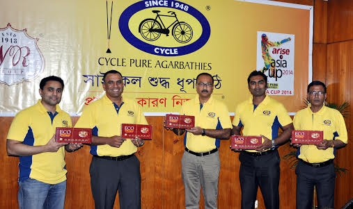 The representatives of Cycle Pure Agarbathies pose for a photo session at the Meghna Hall of Pan Pacific Sonargaon Hotel on Monday.The Cycle Pure Agarbathies Company is a co-sponsor of ongoing Asia Cup Cricket.