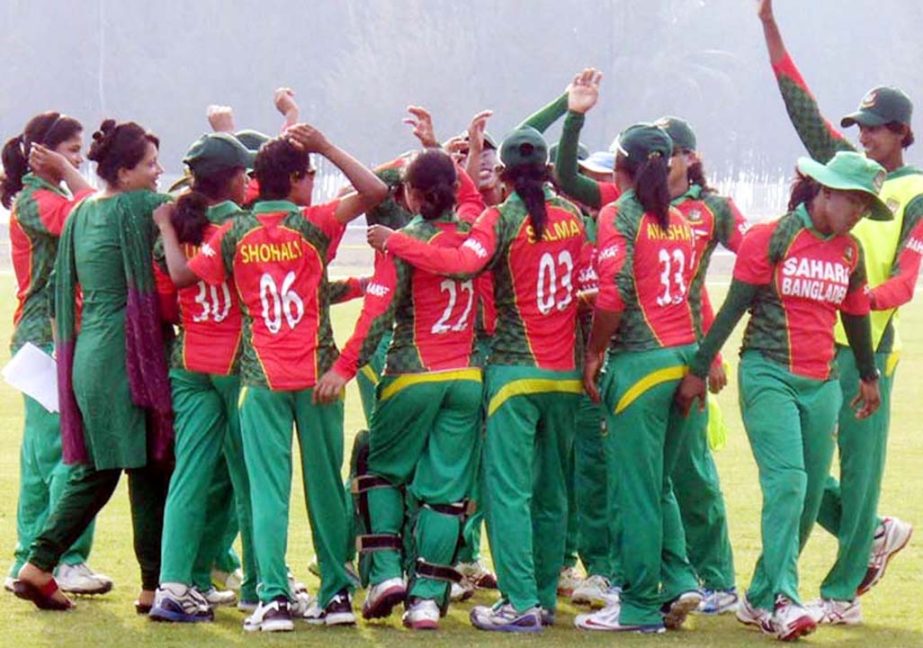 Bangladesh eve team celebrates after beating Pakistan eve team in the first ODI held on Sheikh Kamal International Cricket Stadium in Cox's Bazar on Tuesday.