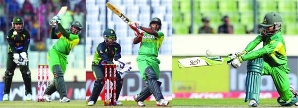From left : Shakib Al Hasan blasted a 16-ball 44, Imrul Kayes put up a 150-run stand for the first wicket and Mominul Haque plays a sweep during Asia Cup between Bangladesh and Pakistan in Mirpur on Tuesday.