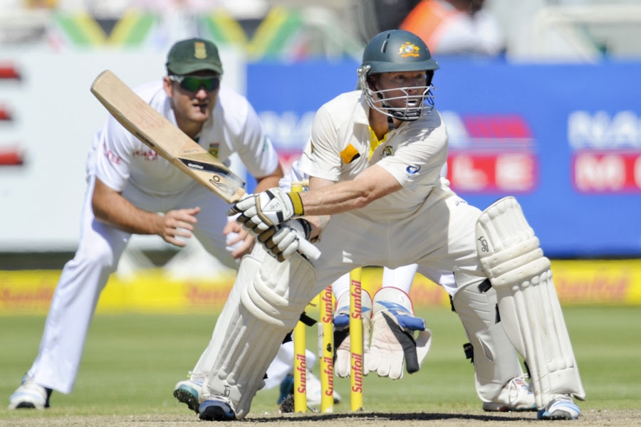Chris Rogers plays a reverse sweep on 4th day of 3rd Test between South Africa and Australia at Cape Town on Tuesday.