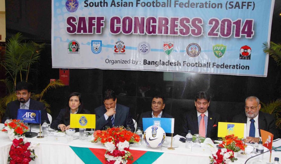 The representatives of South Asian Football Federation (SAFF) taking part in the SAFF Congress held at the Marble Room of Ruposhi Bangla Hotel in the city on Wednesday.