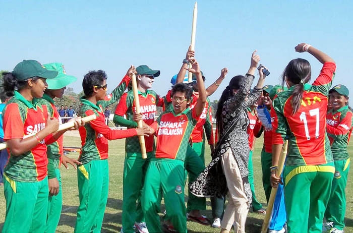 Members of Bangladesh Women's Cricket team celebrate after beating Pakistan Women's Cricket team by three wickets in their second ODI match at Sheikh Kamal International Cricket Stadium in Cox's Bazar on Thursday.