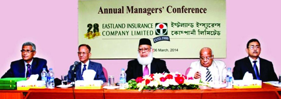 Mahbubur Rahman, Chairman (3rd from left) of Eastland Insurance Company Ltd, delivering inaugural speech at the Annual Managers' Conference 2014 of the company held at the auditorium of Dhaka Chambers of Commerce and Industry on Thursday.