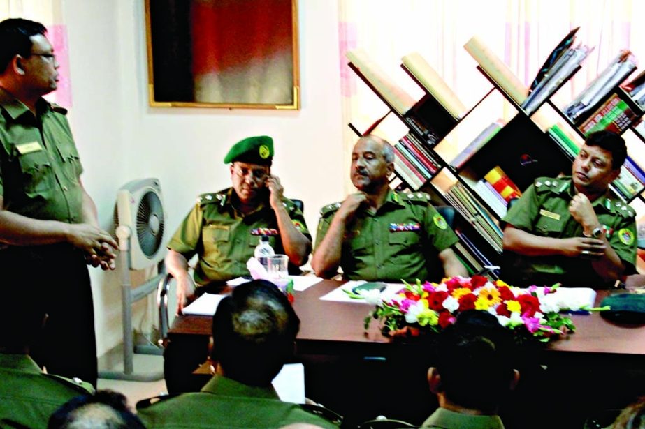 AKM Mizanur Rahman , DDG of District Commandant Ansar and VDP along with others at an opinion sharing meeting for the campaign of 'Lakho Kanthe Sonar Bangla' held recently at its office in the city.