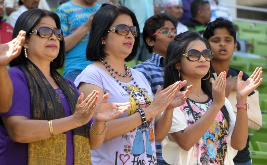 Female cricket fans enjoying final match of Asia Cup at the Sher-e-Bangla National Cricket Stadium in Mirpur on Saturday.