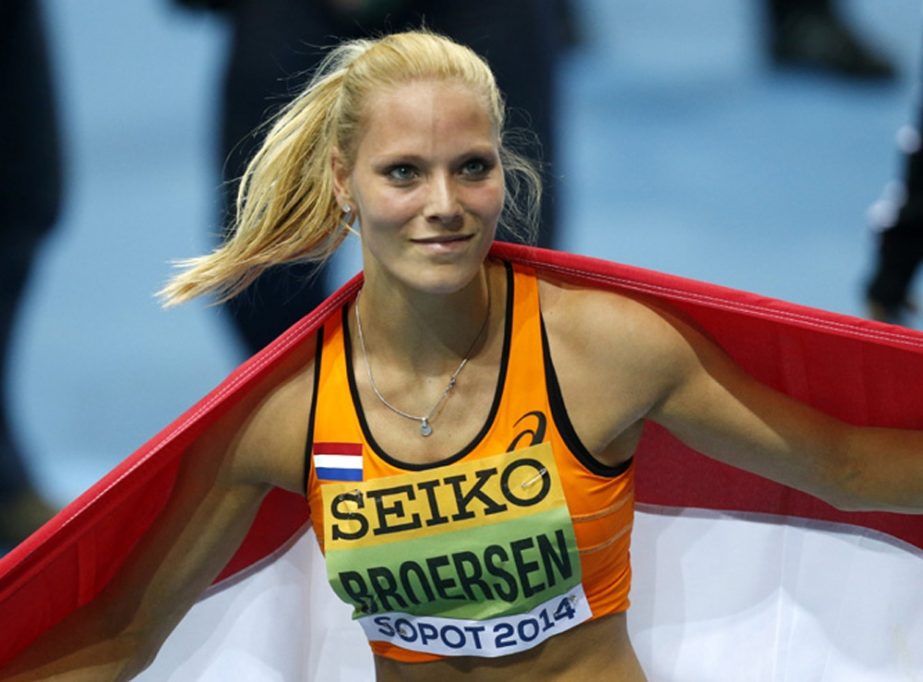 Netherlands' Nadine Broersen celebrates after winning the women's pentathlon during the Athletics World Indoor Championships in Sopot, Poland on Friday.