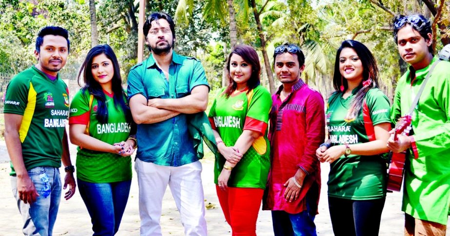 Seven singers at a photo session while taking part in shooting of music video of song on â€˜T-20 World Cup Cricketâ€™ at Suhrawardy Uddyan on Sunday.