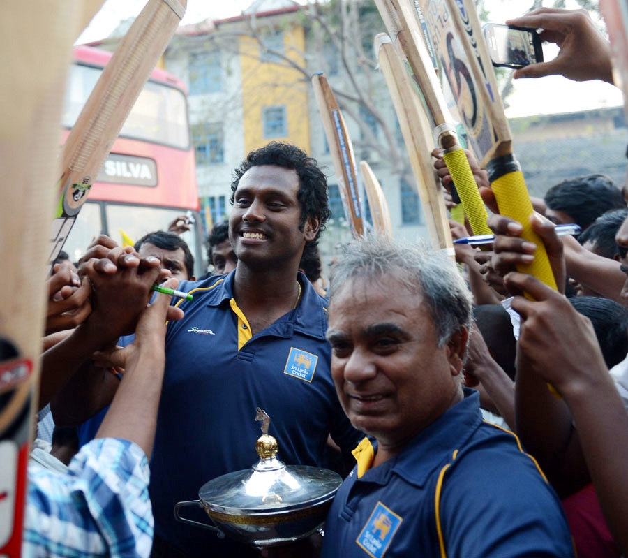 Angelo Mathews at the reception for the Sri Lanka team at Colombo on Sunday to mark their Asia Cup victory.