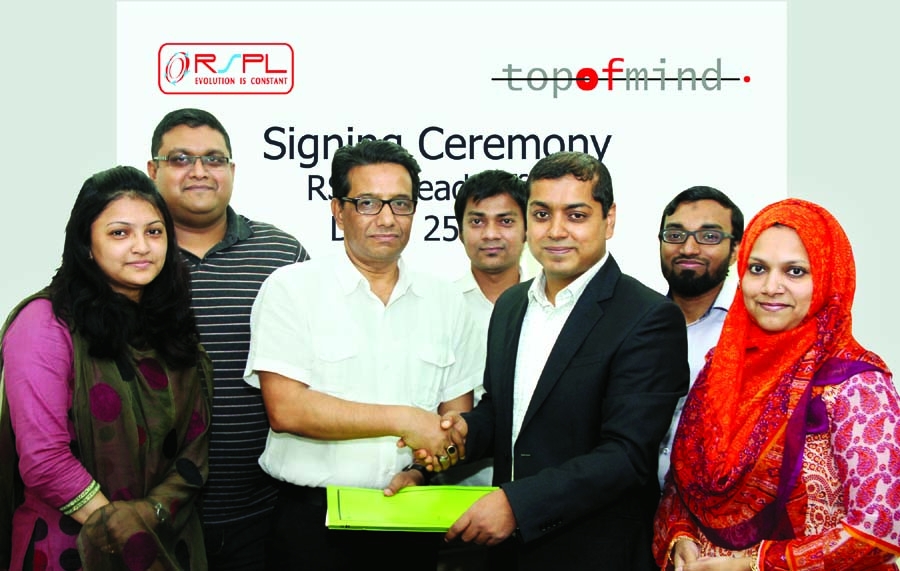 Chief Executive Officer (CEO) of Top of Mind, Ziauddin Adil and Head of Marketing of Rohit Surfactants Private Limited, India's leading corporate conglomerates - Health Bangladesh Limited, Raqibul Matin signed an agreement to appoint Top of Mind as AOR a