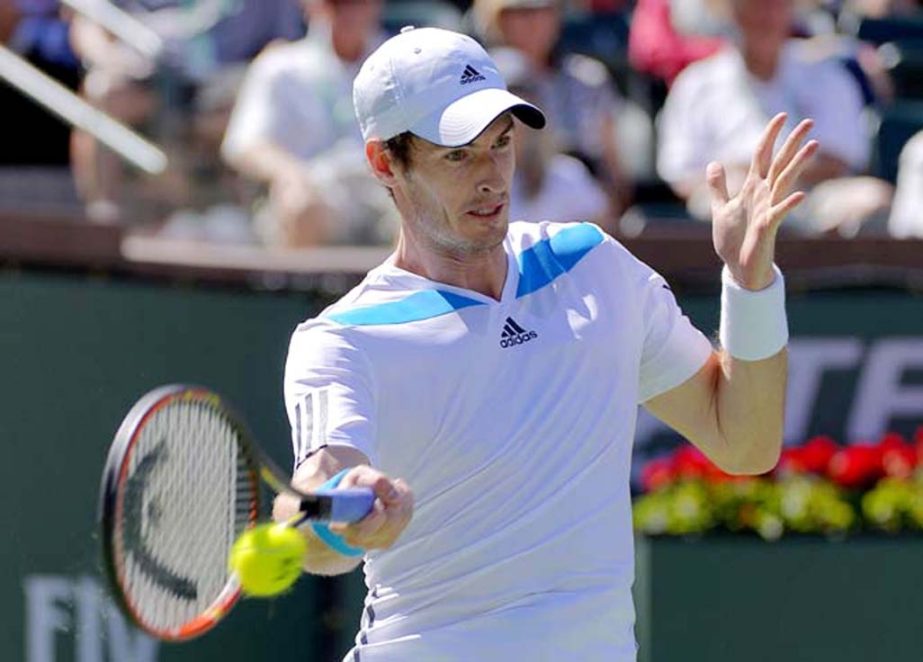 Andy Murray of Great Britain returns a hit by Jiri Vesely of Czech Republic during a third round match at the BNP Paribas Open tennis tournament in Indian Wells, Calif on Monday.