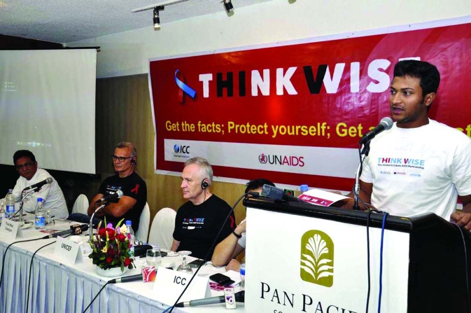 Shakib Al Hasan speaking at a press conference held at the Balcony of the Pan Pacific Sonargaon Hotel on Tuesday.