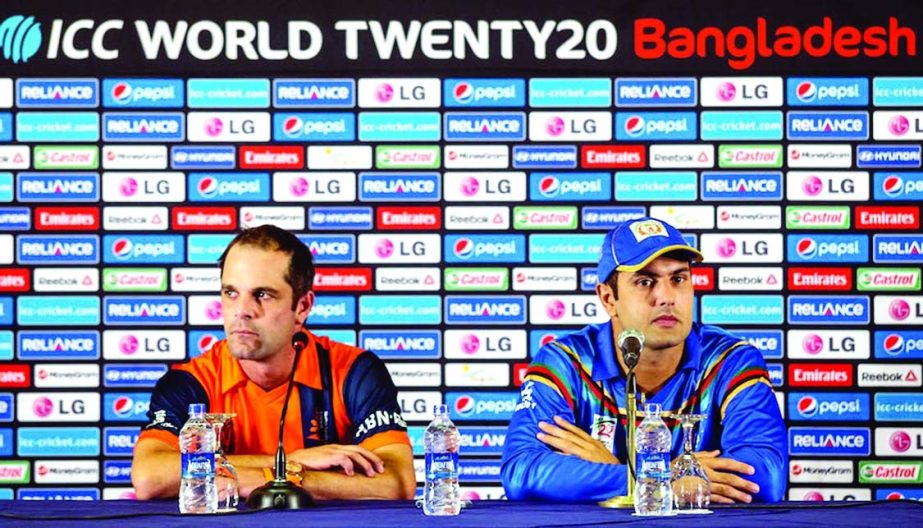 Peter Borren captain of the Netherlands (left) and Mohammad Nabi, captain of Afghanistan at the captains arrival press conference at the Peninsula Hotel ahead of the ICC World Twenty20 Bangladesh 2014 tournament in Chittagong, Bangladesh on Monday.