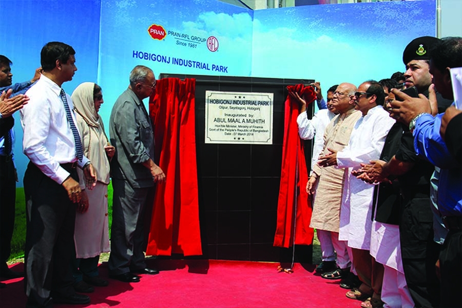 Finance Minister Abul Maal Abdul Muhith inaugurating PRAN-RFL groupâ€™s industrial park at Shayestaganj of Habiganj recently. Maj Gen Amjad Khan Chowdhury, Chief Executive of PRAN-RFL group was present on the occasion.