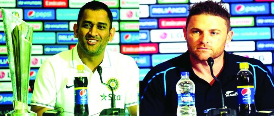 Captain of Indian team Mahendra Singh Dhoni (left) and Captain of New Zealand team Brendon McCullum speaking at their respective press conferences at the Pan Pacific Sonargaon Hotel on Friday.