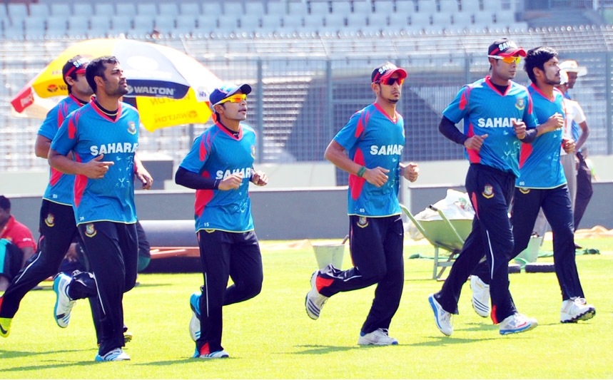 Players of Bangladesh National Cricket team during a practice session at the Mirpur Sher-e-Bangla National Cricket Stadium on Saturday. Bangladesh take on Afghanistan in ICC Twenty20 opening match at 3:30 pm today.