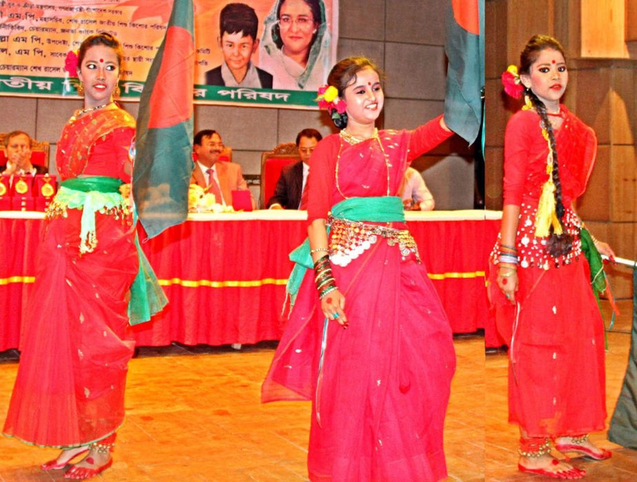 The artistes performing dance marking the prize-giving ceremony of sports and cultural competition of Sheikh Russel National Children and Juvenile Council at the Auditorium of National Sports Council on Thursday.