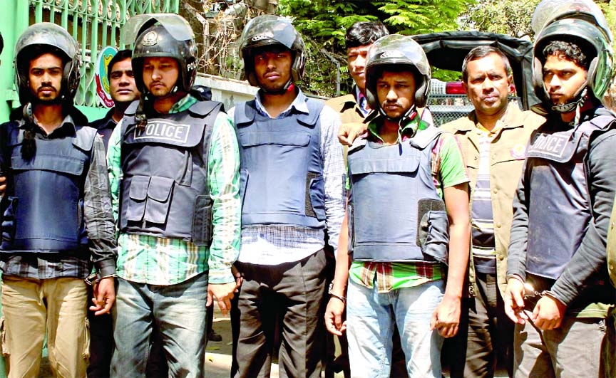 DB police arrested 11 militants linked with recent JMB men attack on prison van and seized arms, ammo and a laptop from their possession in Trishal area in Mymensingh on Saturday.