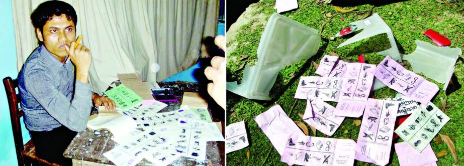 (Left) A bewildered Presiding Officer at a Dagonbhuiyan Upazila polling center looks helpless as to what to do with ballot paper forcefully sealed by miscreants and left on his table and (right) a broken ballot box and destroyed ballot papers laying scatt