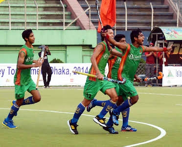 Players of Bangladesh celebrate after scoring a goal against Singapore in their match of the Islami Bank Asian Games Hockey Qualifying Tournament at the Moulana Bhashani National Hockey Stadium on Tuesday.