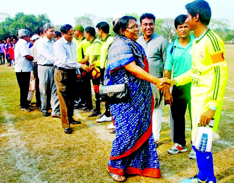 Vice-Chancellor of Jahangirnagar University Professor Dr Farzana Islam being introduced with the players of the opening match of the Chancellor Cup Football Competition at the Central Play Ground of Jahangirnagar University on Tuesday.