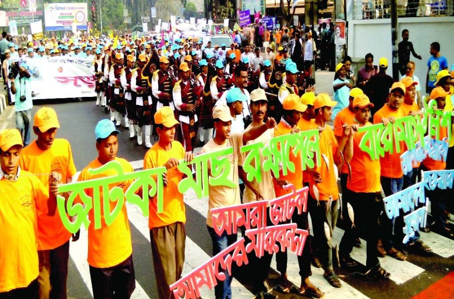 Members of the Directorate of Fisheries brought out a rally in city marking the â€˜Jatka fish protection week-2014â€™ on Tuesday.