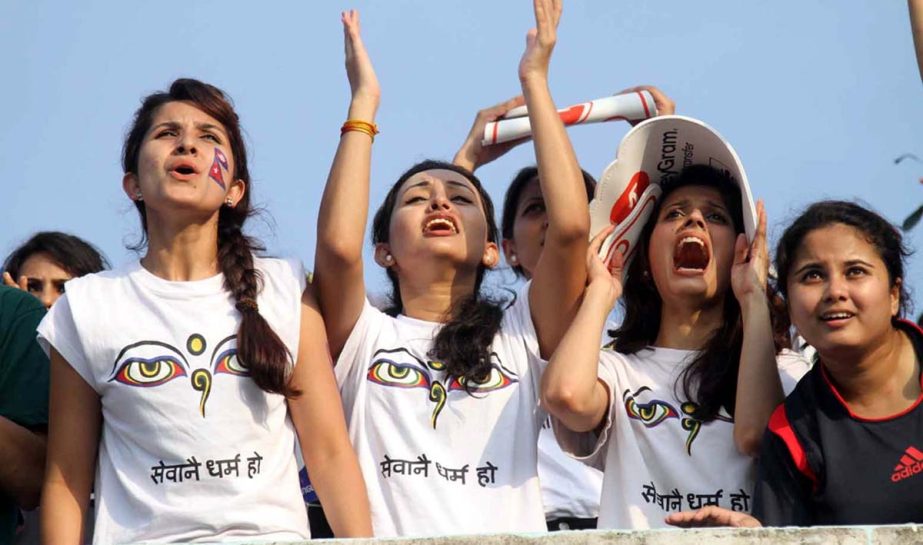 Female cricket fans enjoying ICC World Cup T20 group A qualifying round match between Afghanistan and Nepal at the Zahur Ahmed Chowdhury Stadium on Thursday. Banglar Chokh