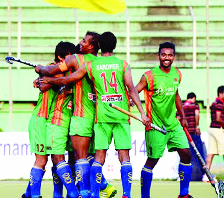 Players of Bangladesh celebrate after scoring a goal against Iran in their Group B match of the Islami Bank Asian Games Hockey Qualifiers at the Moulana Bhashani National Hockey Stadium on Thursday.