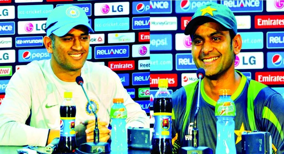 Captain of Indian team Mahendra Singh Dhoni (left) and Captain of Pakistan team Mohammad Hafeez speaking at their respective press conferences in a city hotel on Thursday.