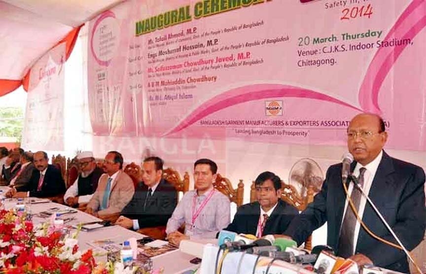 Commerce Minister Tofail Ahmed addressing the inaugural session of 3-day long Chittagong Apparel, Fabrics & Accessories Exposition (CAPEXCO)-2014 as Chief Guest at Chittagong MA Aziz Stadium Outdoor Gymnasium yesterday.