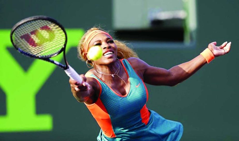 Serena Williams returns to Yaroslava Shvedova of Kazakhstan at the Sony Open tennis tournament in Key Biscayne, Fla.on Thursday.