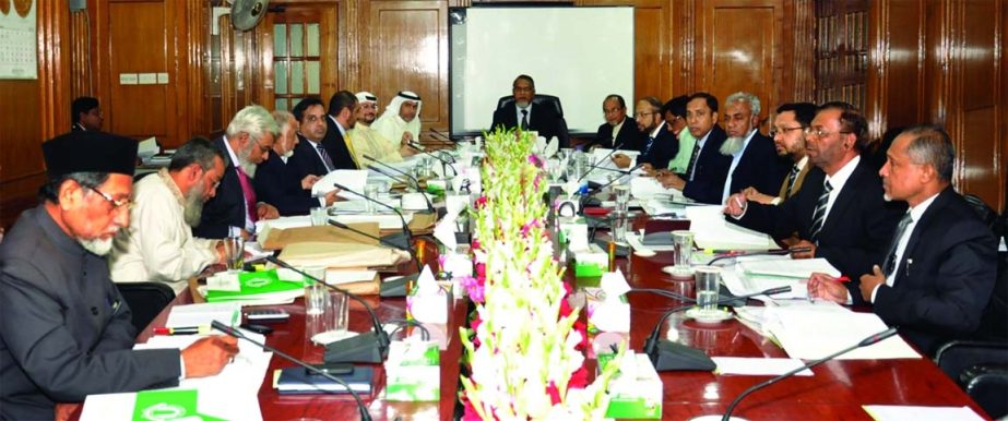 Prof Abu Nasser Muhammad Abduz Zaher, Chairman of the Board of Directors of Islami Bank Bangladesh Limited presiding over the board meeting at its Tower on Saturday. The board recommended 10percent stock and 8percent cash dividend (total 18percent) for it