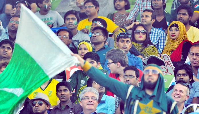 Cricket fans watching ICC World Cup twenty20 match between Pakistan and England at the Sher-e-Bangla National Cricket Stadium on Sunday.