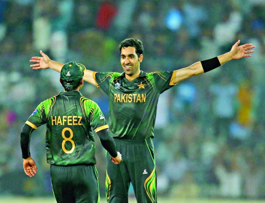 Umar Gul celebrates after dismissing Brad Hodge during World T20, Group 2 match between Australia and Pakistan at Mirpur Sher-e-Bangla National Cricket Stadium on Sunday.